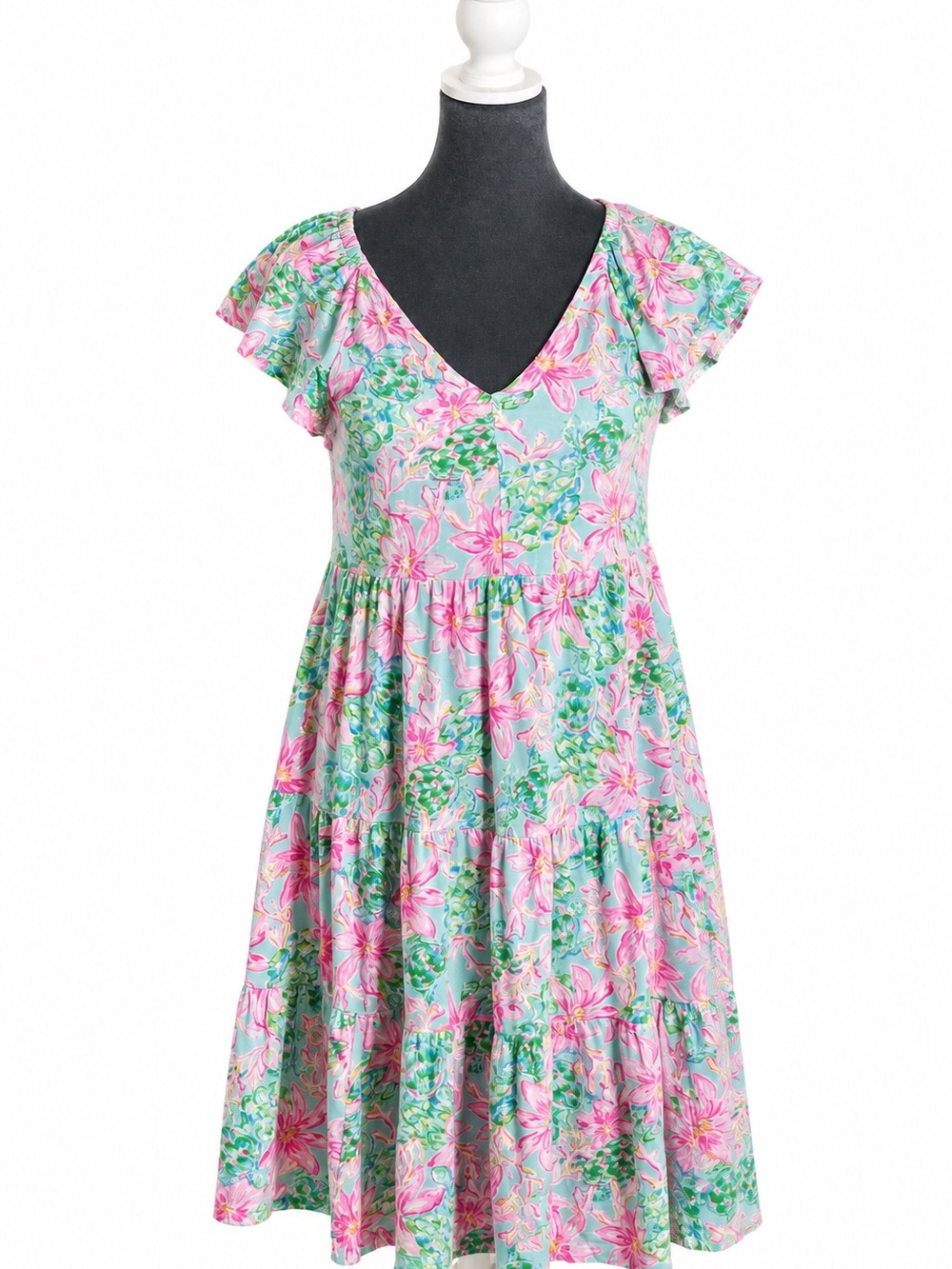 Lilly Pulitzer Floral Tiered Mini Dress XXS Pink Blue Cotton Flutter Sleeve
